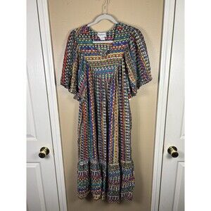70s Saybury India House Kaftan Rainbow 🌈 Dress Gypsy Boho Mumu Pockets Sz L